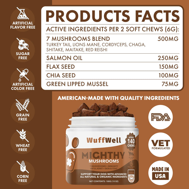 Mushroom Supplement for Dogs - 140 Chews - Advanced 7 Mushrooms Blend with Turkey Tail, Lions Mane and Reishi - Includes Green Lipped Mussel, Salmon Oil and Probiotics for Immune Support Peanut Butter - PawsPlanet Australia