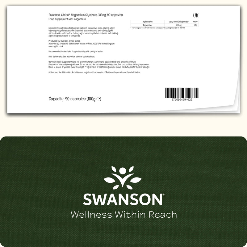 Swanson, Albion Magnesium Glycinate, with 133mg Magnesium per Capsule, 90 Capsules, High-Dose, Lab-Tested, Soy-Free, Gluten-Free, GMO-Free