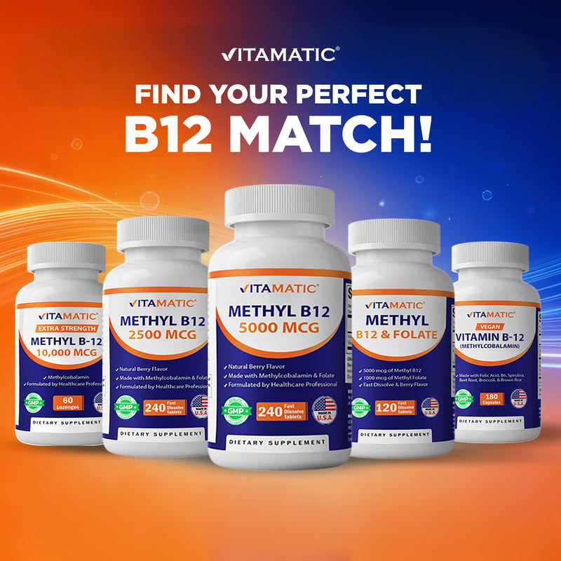Vitamatic Vitamin B12 1000 mcg Fast Dissolve – 365 Tablets per Bottle - 3 Bottles – Natural Berry Flavor – Supports Energy Metabolism & Nervous System Health