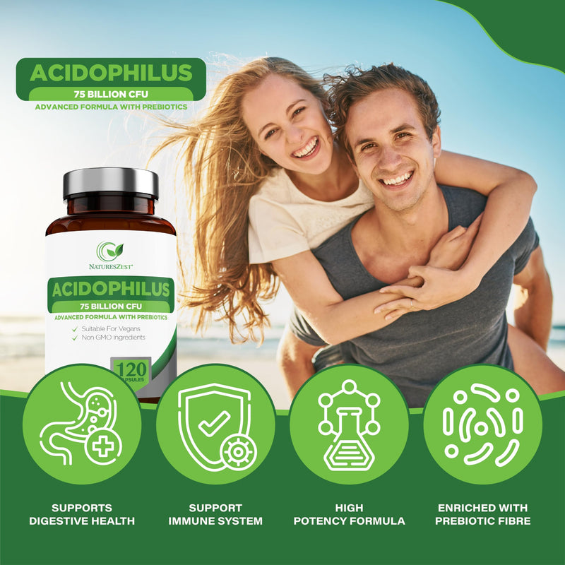 Acidophilus Probiotic Capsules 75 Billion CFU - 120 High Strength Vegan Probiotics for Gut Health with Prebiotics, Lactobacillus Acidophilus & Friendly Bacteria for Men & Women, Gluten Free, UK Made