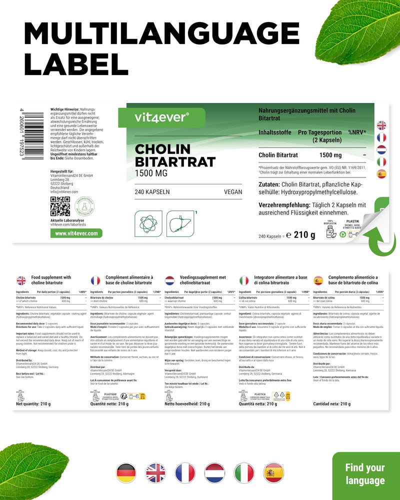 [Australia] - Pure choline capsules - 240 capsules with 750 mg choline bitartrate - 4 month supply - liver, homocysteine & fat metabolism - active choline - natural - high dose - vegan 