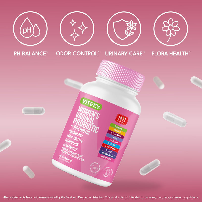Viteey Vaginal Probiotic for Women - 14in1 FemDefend | Women’s Probiotic + Prebiotic with Cranberry & D Mannose – Vaginal Health & Urinary Tract Support Supplement – 60 Capsules