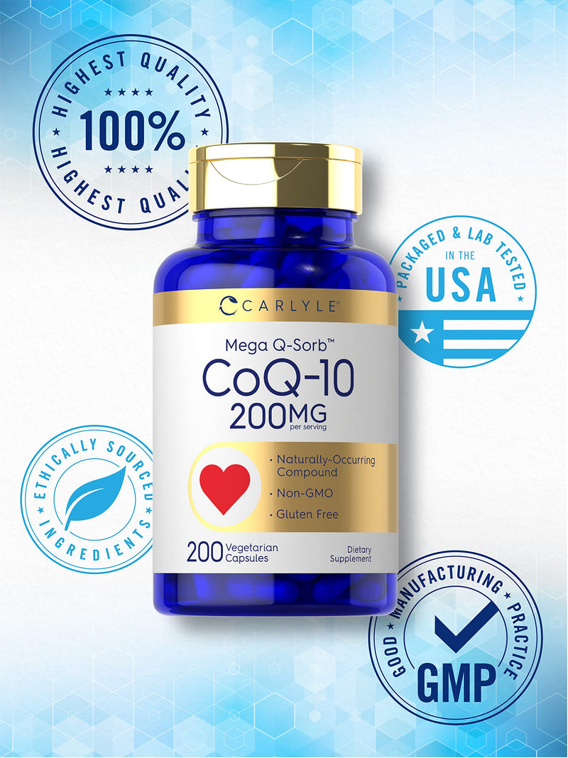 Carlyle CoQ10 200mg | 200 Capsules | Mega Q-Sorb Coenzyme Q-10 | Vegetarian, Non-GMO, Gluten Free