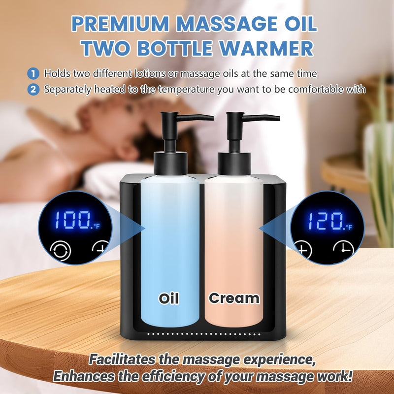 [Australia] - Massage Oil Warmer Double Bottle Professional Electric Lotion Digital Heater for SPA, Portable Oil Warmer Heated Cream for Beauty Salon Home, with ℃/℉ Switchable Display, Four Dispenser Bottle 