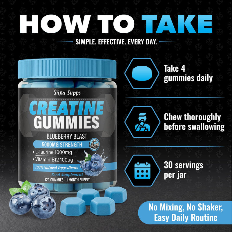 Creatine Gummies Blueberry Flavour, 5000mg Creatine Monohydrate Gummies + L Taurine and Vitamin B12, 120 Count, 30 Day Supply, Gym Training, Strength Performance & Daily Training Fuel for Weight Gain