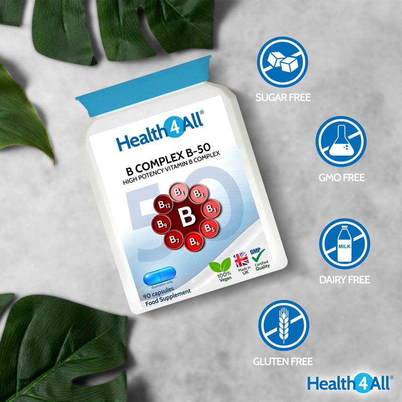 Health4All Vitamin B Complex B-50 90 Capsules, 3 Months Supply, High Potency Vegan B-Complex with PABA | Support Cognitive Functions, Energy, Tiredness & Fatigue | Made in UK (not Tablets) 90 count (Pack of 1)