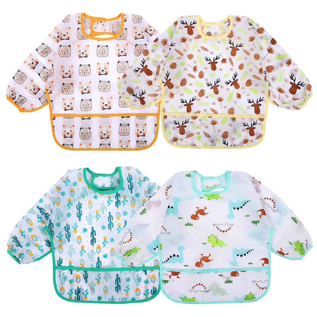 Accmor 4 Pack Long Sleeve Baby Bibs, Waterproof Sleeved Bib, Toddler Soft Bib for 6-36 Months Blue Dinosaur/Orange Pig/Yellow Elk/Green Cactus Medium : 6-24 Months