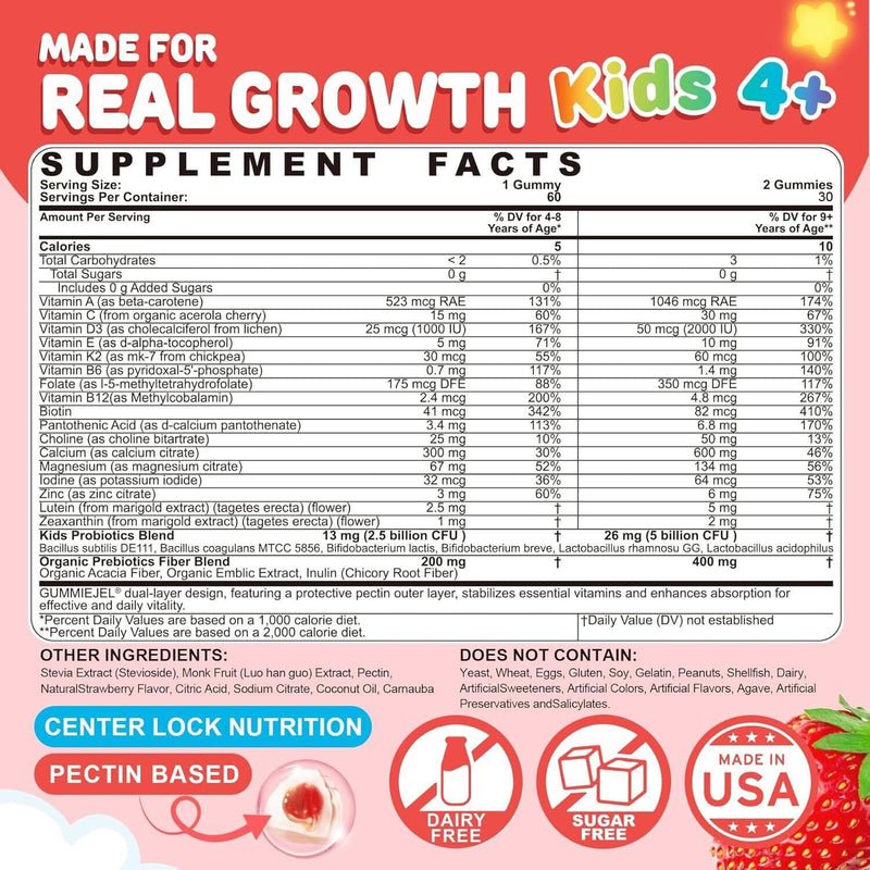Kids Multivitamin Gummies + Calcium D3 K2, Probiotics, Vitamins for Kids 4+ | Methylated B12 & Methylfolate, Vitamin A, C, B6, E, Zinc, Magnesium for Immunity, Bone, Growth, Energy, Sugar Free, 60 Cts 60 Count (Pack of 1)
