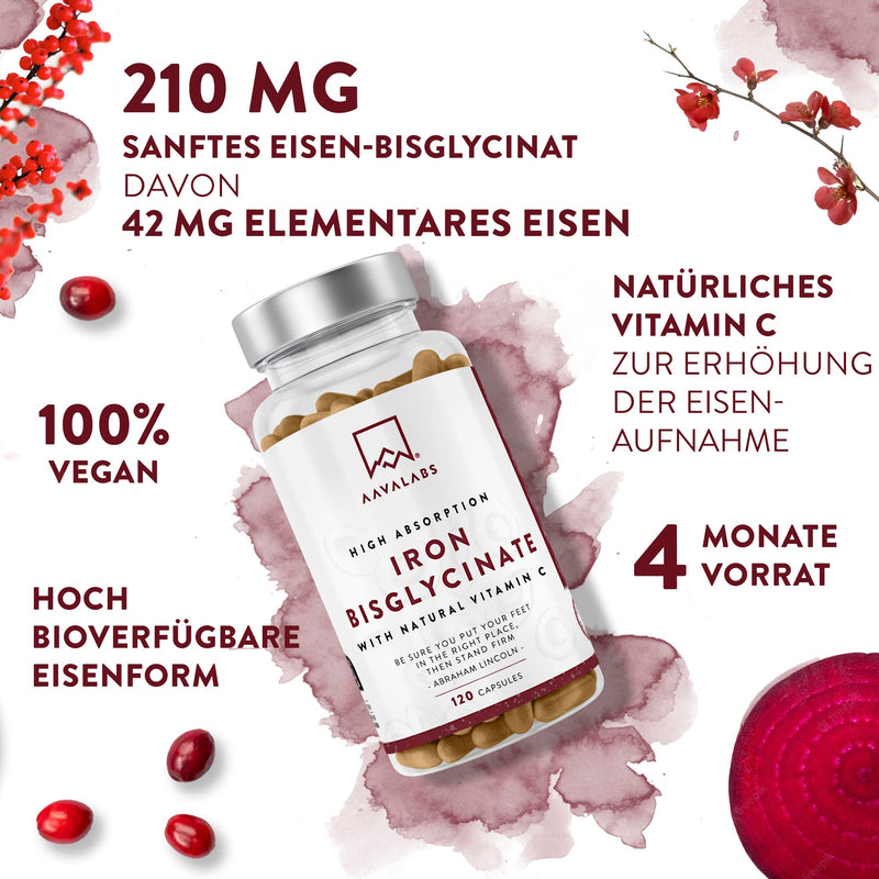[Australia] - Iron high dose 210mg of which 42mg and natural vitamin C | Effective iron tablets, high-dose iron bisglycinate with acerola vitamin C - iron supplement iron vitamin C vegan - 120 iron capsules 