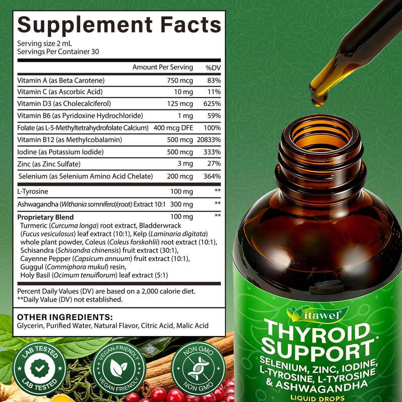 Thyroid Support Liquid Drops 60ml – Selenium, Zinc, Iodine, L-Tyrosine & Ashwagandha for Hormonal Balance, Metabolism & Thyroid Health Support