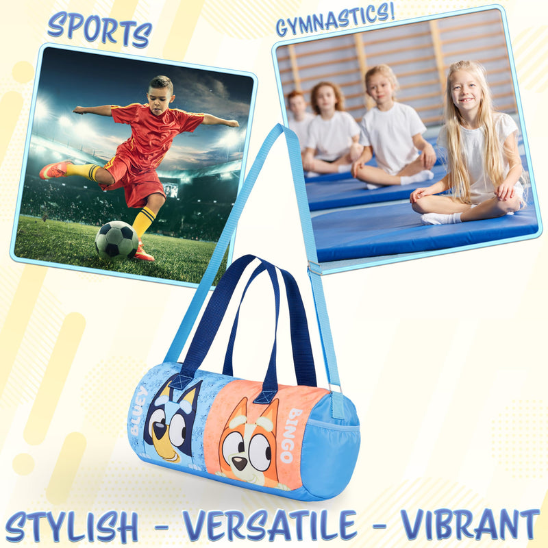 Bluey Gym Bag for Kids Duffle Bag Cute Travel Holdall Weekend Bag for Sports Gym Class Swimming Dance with Side Pockets Travel Essentials Bingo Bluey Bingo