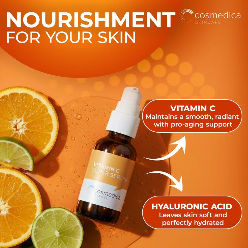 Cosmedica Vitamin C Serum for Face with Hyaluronic Acid & Vitamin E – Brightening Anti-Aging Serum for Dark Spots, Fine Lines & Wrinkles, Lightweight Collagen Booster, 1 fl oz 1 Fl Oz (Pack of 1)