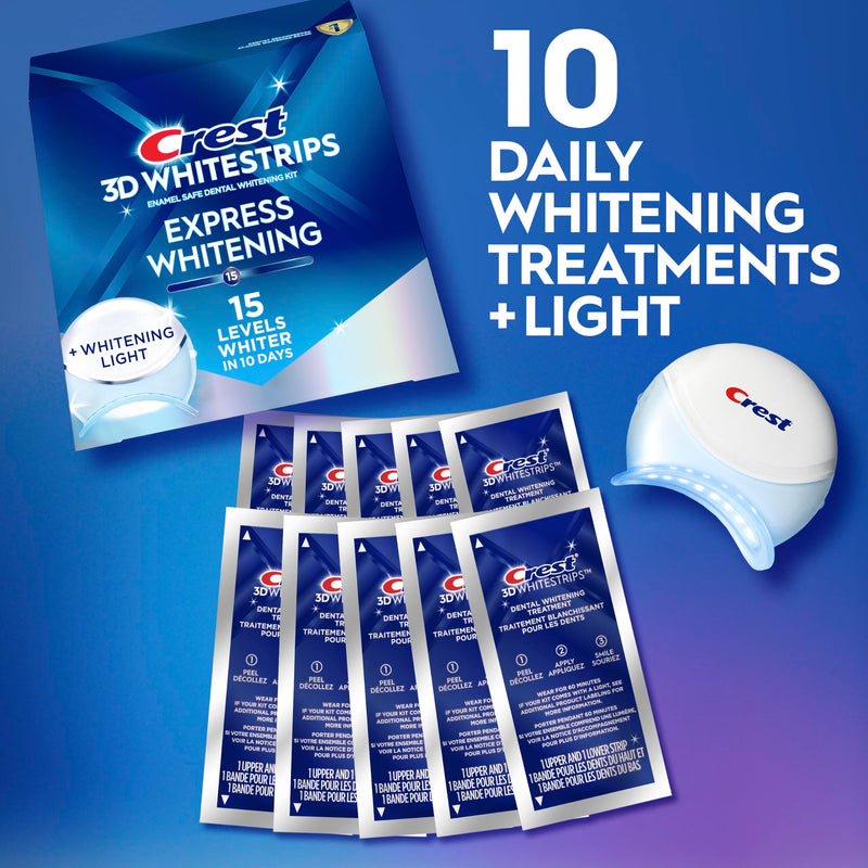 Crest 3D Whitestrips Express Whitening with Light, Whitestrips 3D White, Teeth Whitening Strip Kit, 20 Strips (10 Count Pack), Crest Teeth Whitening Strips, Teeth Whitening Kit