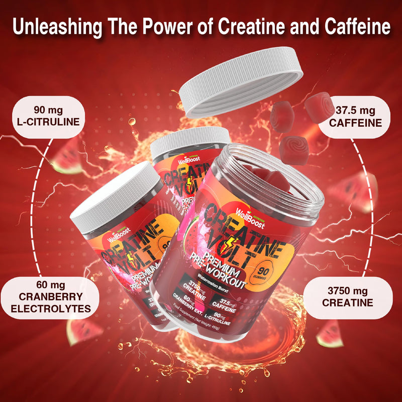 WellBoost Creatine Volt 90 Gummies – Creatine, Caffeine, L-Citrulline, Cranberry Extract, Watermelon Extract – Vegan, Sugar-Free, Watermelon Flavour – Energy, Endurance, Lean Muscle – 1 Month Supply