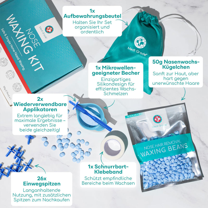 [Australia] - Medi Grade Wax Hair Removal - Waxing Set with 2 reusable sticks, 26 applicators, microwave cup and 50g nose hair wax beads - Simple, safe warm wax hair removal at home nose wax kit 