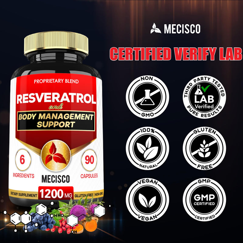 [Australia] - Trans Resveratrol Supplement with Grape Seed, Milk Thistle, and More - Resveratrol 1000mg Organic - 6 Herbal Supports for Immune System, Heart Health, Body Management & Joint Health - 90 Capsules 90 Count (Pack of 1) 