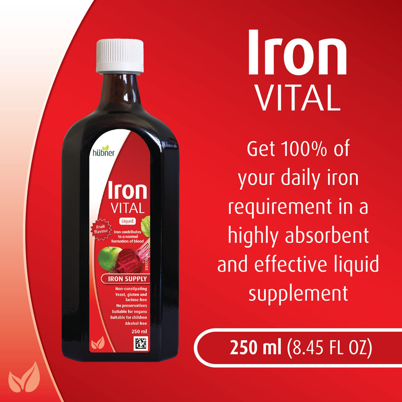 hübner Iron Vital Liquid Iron Supply Plus Vitamin C, Dietary Supplement for Adults and Kids, Vegan and Gluten-Free, Fruit Flavor, 250 ml Bottle, 25 Servings 8.45 Fl Oz (Pack of 1)