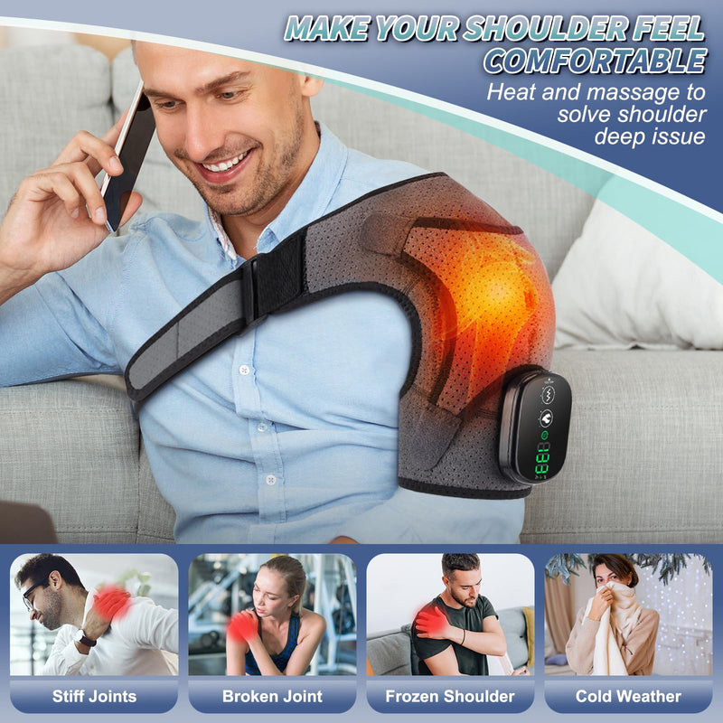 Cordless Heated Shoulder Brace with Vibration, 3 Heat & Massage Settings, Shoulder Heating Pad for Pain Relief, Adjustable Shoulder Warmer for Men and Women(Grey)