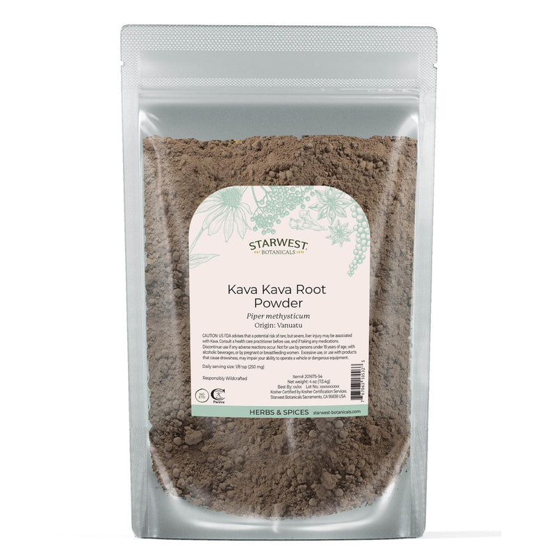 [Australia] - Starwest Botanicals Kava Kava Root Powder - Dried Herb for Tea & Beverages, Promotes Calm, Natural Piper Methysticum, Wildcrafted, Finely Ground, Certified Kosher - 4 oz Pouch 