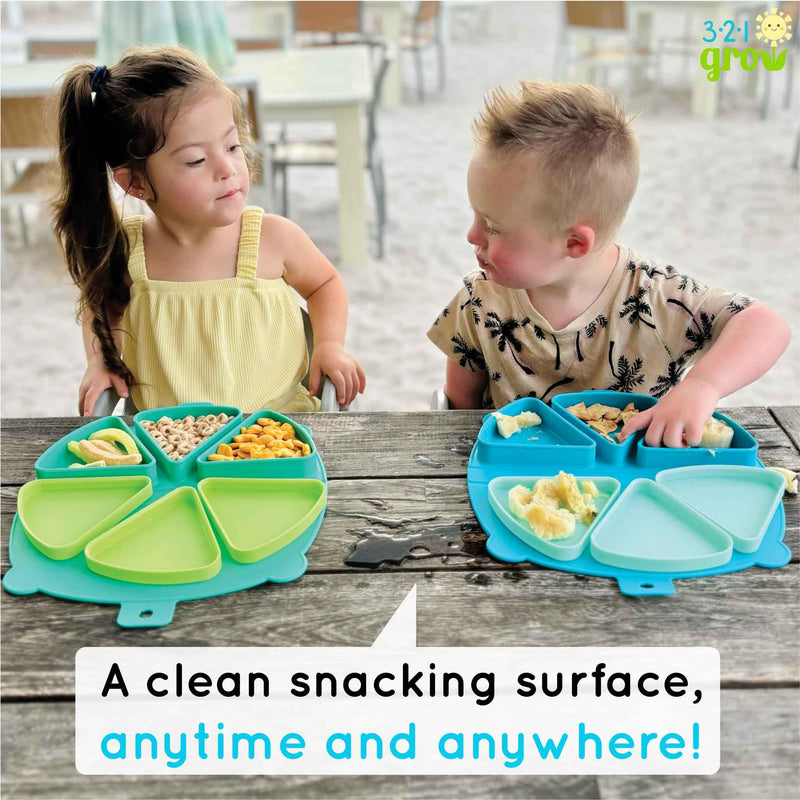 [Australia] - Silicone On-The-Go Snack Mat ‚Äì Foldable Reusable Placemat with 3 Compartments and Lids ‚Äì Travel-Friendly Baby and Toddler Snack Plate ‚Äì Dishwasher Safe (Aqua) Aqua 