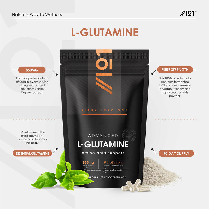 L-Glutamine 850mg with BioPerine® – 90 Vegan Capsules – Vegan Fermented Amino Acid – Resealable and Recyclable Pouch by Alpha01