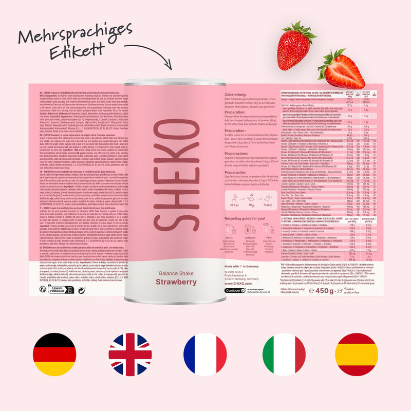 [Australia] - SHEKO Strawberry Meal Replacement Shake - 25 Shakes per Can - High in Protein, Gluten Free & Natural Taste - Diet Shakes for Weight Loss 450 g (Pack of 1) 