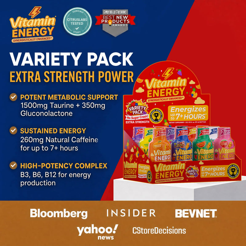 Vitamin Energy Extra Strength Energy Shot Variety Pack 8 Pack, 260mg Natural Caffeine, B-Vitamins, NALT, Rhodiola, Strength Support, Zero Sugar, Vegan, 1.93 fl oz