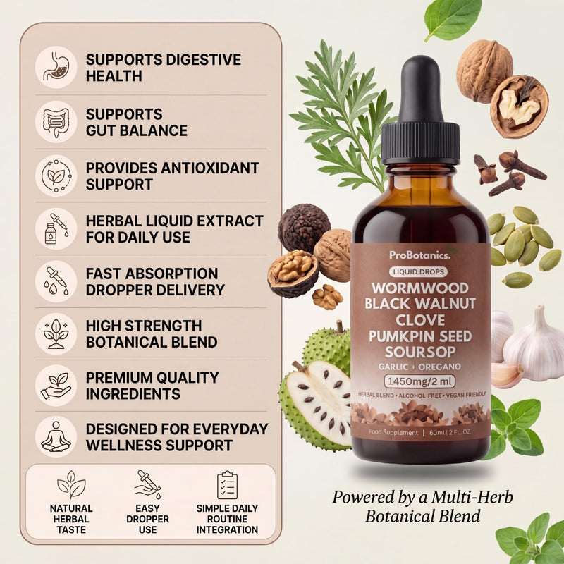 Wormwood Black Walnut and Clove Liquid Drops - All-in-One Botanical Herbal Extract Supplement | Digestive Support and Detox Aid for Human Gut Health - Alcohol Free | Vegan - 60ml