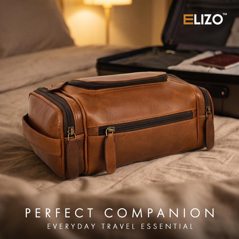 Real Leather Toiletry Bag for Men - Large Hanging Travel Organizer for Toiletries, Ideal for Dopp Kit & Shaving Kit for Men, Essential Mens Travel Toiletry Bag for Toiletries (Cognac)
