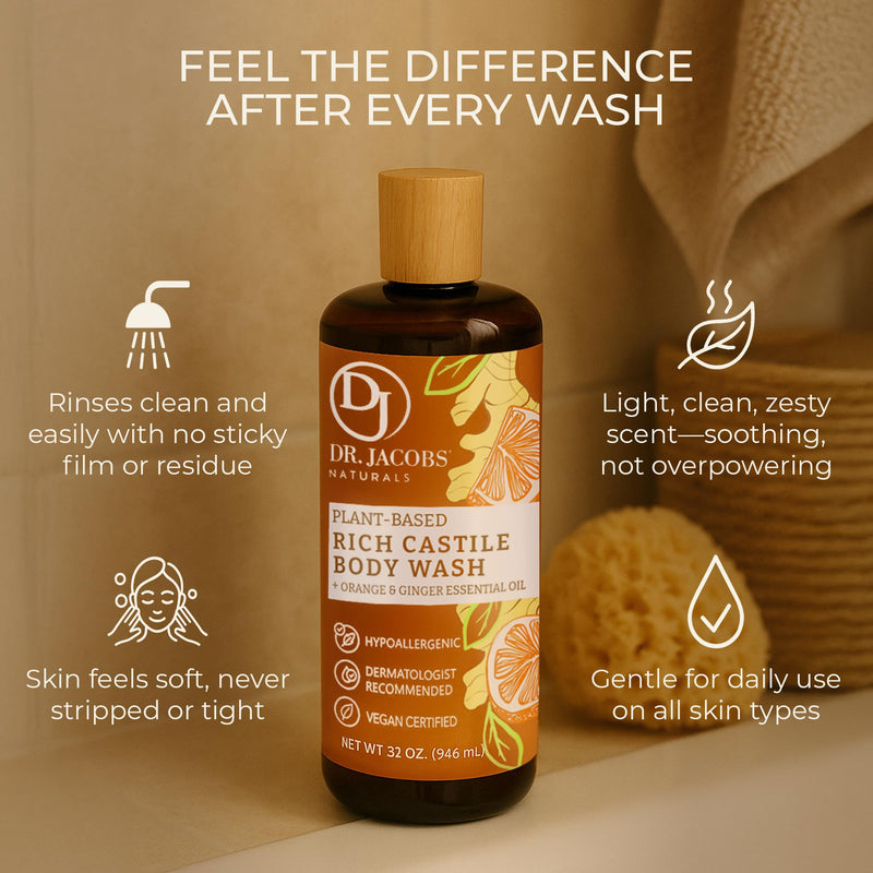 Dr. Jacobs Naturals Pure Castile Soap Liquid Body Wash, Orange & Ginger - Plant Based Soap Infused with Vitamin E & Aloe Vera to Moisturize Dry and Sensitive Skin - Made in The USA - 16 oz Orange-Ginger 16 Fl Oz (Pack of 1)
