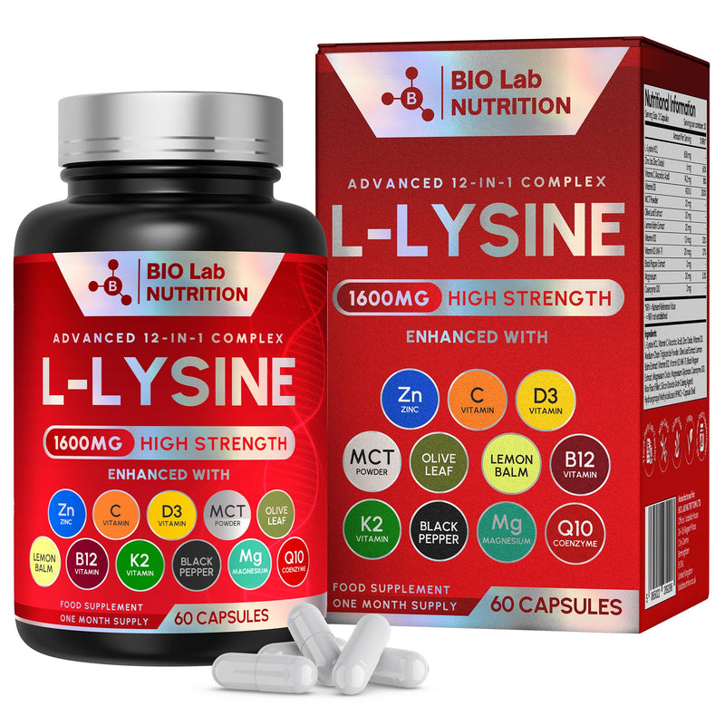 L-Lysine 1600mg High Strength - Advanced 12-in-1 Complex for Lip & Skin Health - with Zinc, Vitamin C, D3 & Lemon Balm - Triple UK Lab Tested - 60 Vegan Capsules