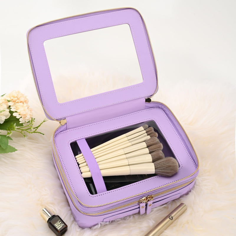 Aveniee Clear Makeup Bags, Double Layer Cosmetic Bags with a Separate Brush Compartment, Large Travel Toiletry Bag Train Case for Women, Travel Accessories Organizer.2 Layers Large, Lilac Dual Layer Large