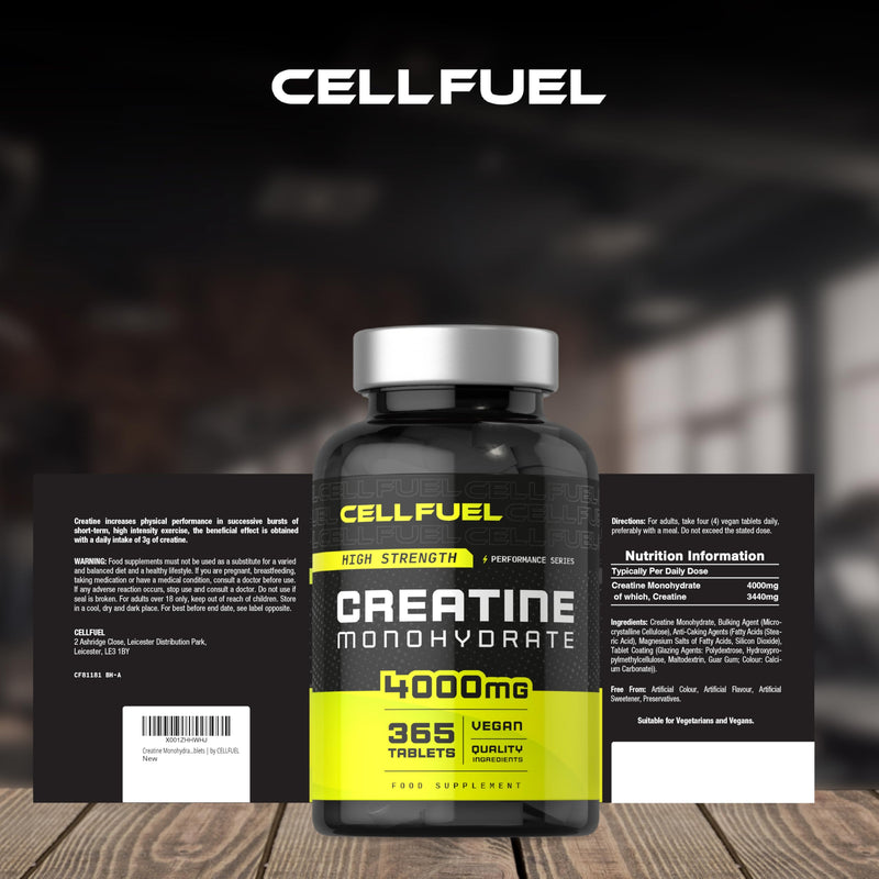 Creatine Monohydrate Tablets 4000mg | 365 Vegan Pills | High Strength Supplement for Women and Men | by CELLFUEL