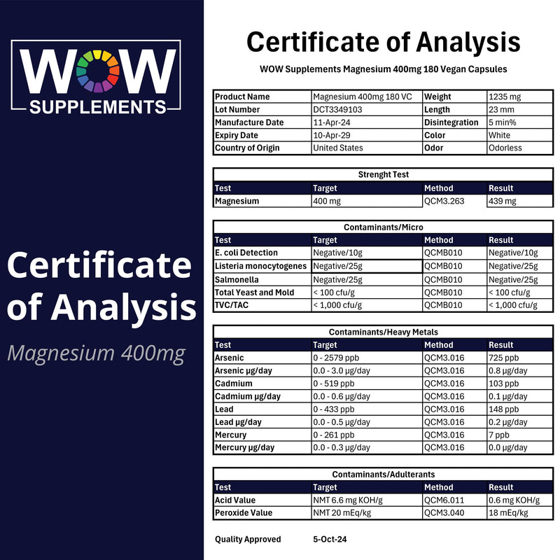 WOW Supplements Magnesium 400 mg Complex - Supplement for Men and Women - Citrate, Aspartate & Magnesium Oxide 400mg - 180 Capsules