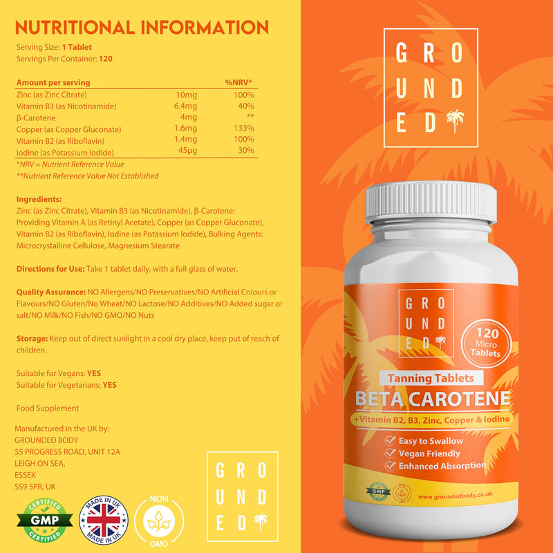 Grounded Beta Carotene Tanning Tablets | 120 Tablets, 4 Month Supply | with Zinc, Vitamin A, B2, B3, Copper & Iodine | High Strength Antioxidant Support | Vegan-Friendly & Made in the UK 120 count (Pack of 1)