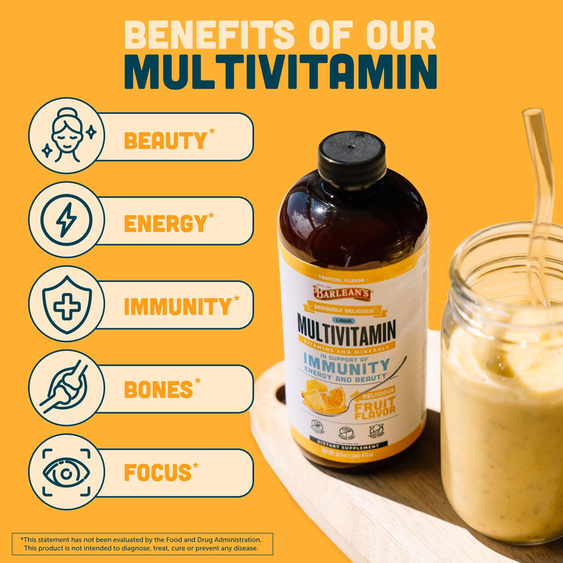Barlean's Tropical Liquid Multivitamin, 21 Vitamins & Minerals, 16oz | Biotin, B-complex, vitamins C, D3 & K2, Smoothie-like liquid, Non-GMO, Gluten-free, For women, men & kids, Wellness 16 Fl Oz (Pack of 1)