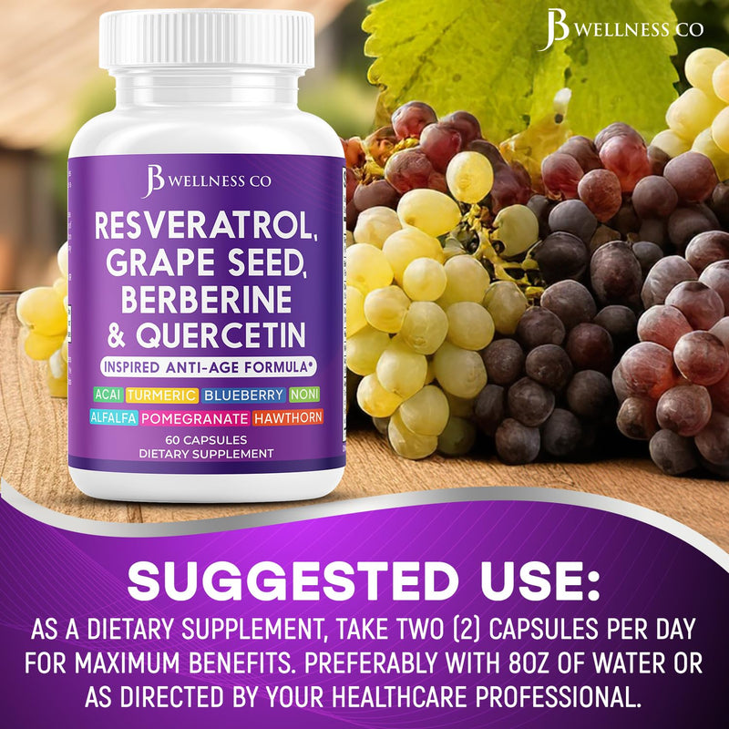 [Australia] - JB Wellness Resveratrol, Grape Seed Extract, Berberine, Quercetin - Polyphenol Supplement for Women and Men with Noni Extract, N-Acetyl Cysteine, Acai Extract - 180 Capsules 60 Count (Pack of 3) 