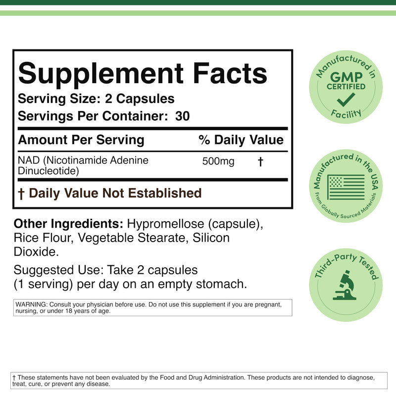 NAD+ 500mg, Energy + Healthy Aging, 95% Pure Single-Ingredient, 60 Capsules | Clean Daily Energy, Supports Anti Aging + Cell Regeneration, Real Single-Ingredient NAD+, Vegan + Non-GMO, 30-Day Supply