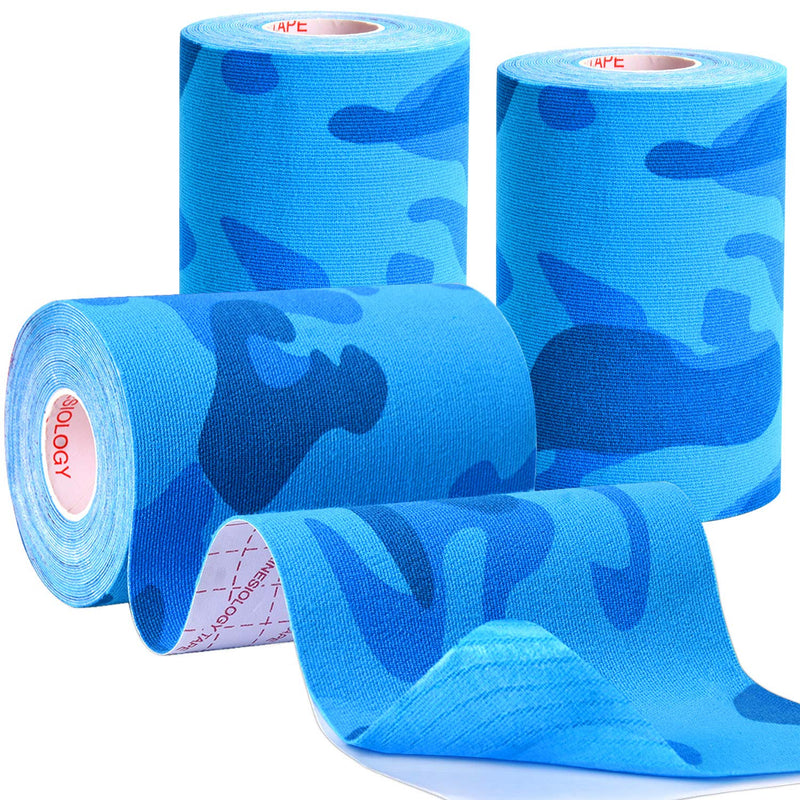 [Australia] - 3 Rolls Kinesiology Tape, Waterproof Elastic Kinesiology Athletic Tape Supports & Protects Muscles, Knees, Shoulders & Plantar Fasciitis, Latex Free Cotton Tape Hypoallergenic - Blue Camo 4in 5.5yd 