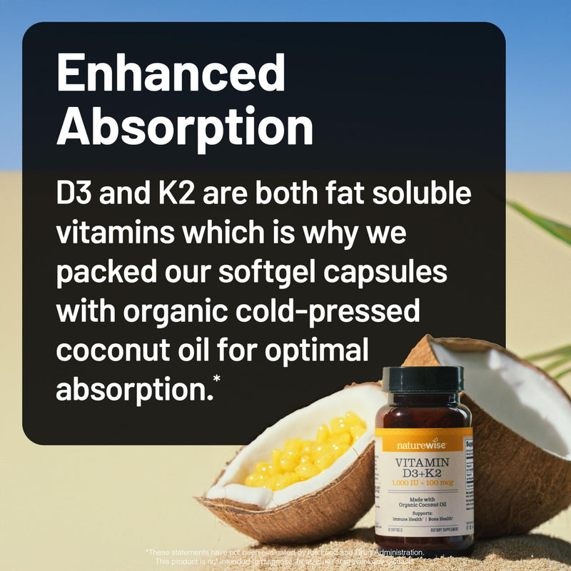 NatureWise Vitamin D3 1000IU + K2 MK-7 100mcg Supplement, 30 Softgels | D3 K2 as MK-7 Supplement - Organic Extra Virgin Coconut Oil - Calcium Absorption & Immune Health Support - 1-Month Supply 30 Count (Pack of 1)