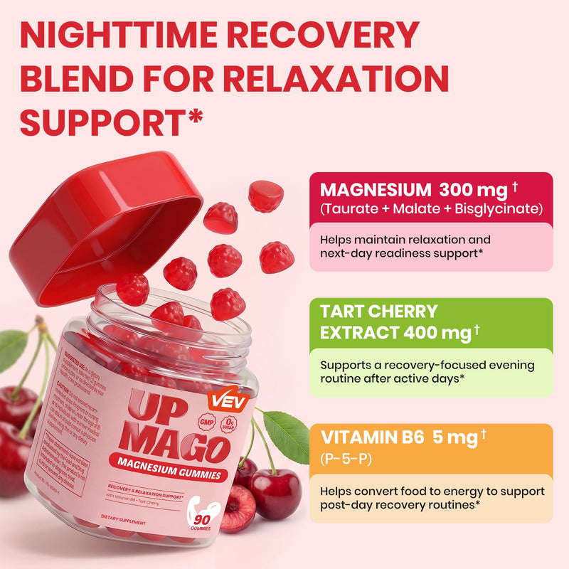 VEV UPMAGO Post-Activity Magnesium Gummies – 90 Count | Magnesium Taurate, Malate & Bisglycinate, Tart Cherry Extract, Vitamin B6