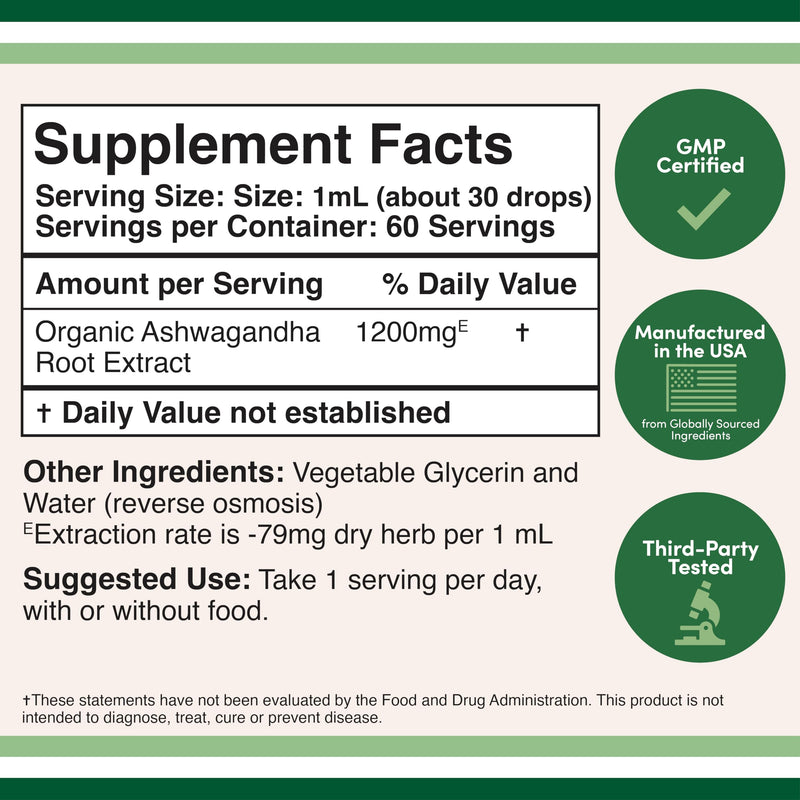 [Australia] - Ashwagandha Organic Drops for Stress Relief (1,200mg, 60 Servings) Ashwagandha Tincture for Adrenal Support and Cortisol Manager (Vegan Safe, Gluten Free, Non-GMO) by Double Wood 