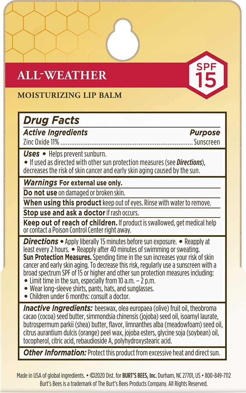 Burt's Bees All Weather SPF 15 Lip Balm, Water-Resistant Lip Moisturizer, Tint-Free, Natural Conditioning Lip Treatment, 2 Tubes, 0.15 oz.