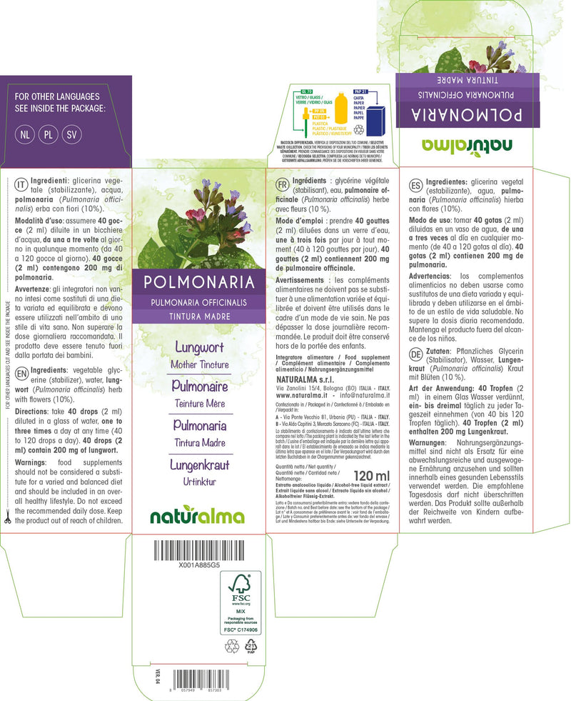 [Australia] - Lungwort (Pulmonaria officinalis) herb with flowers alcohol-free mother tincture Naturalma - liquid extract drops 120 ml - dietary supplement - vegan alcohol-free 120 ml (pack of 1) 