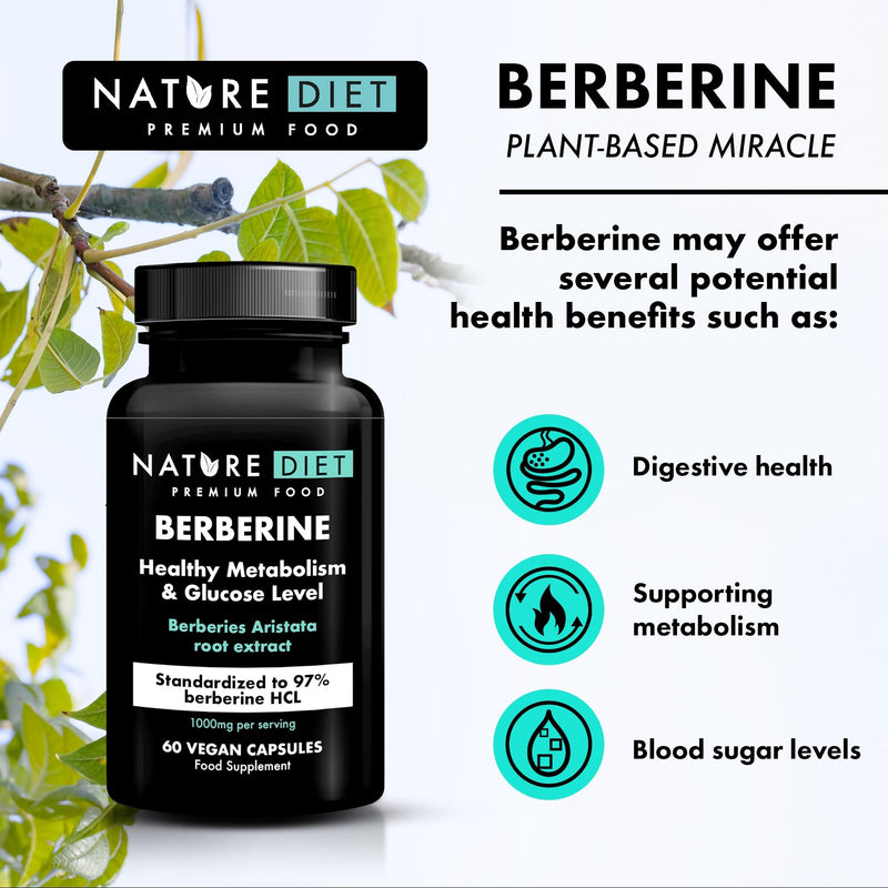 Nature Diet Berberine - 1000mg Berberine HCL per Serving - 60 Vegan Capsules - Supports Metabolism & Glucose Levels