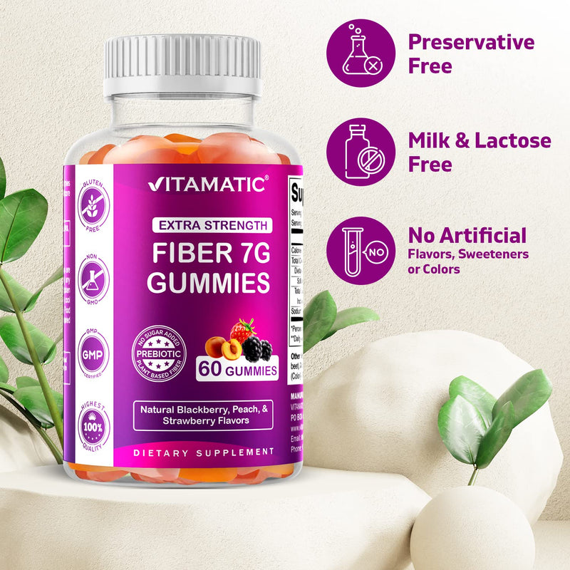 [Australia] - Vitamatic Prebiotic Fiber Gummies for Adults - 7G Fiber Extra Strength - Zero Sugar Added - 60 Pectin Based Gummies - Digestive Health & Regularity Support 60 Count (Pack of 1) 