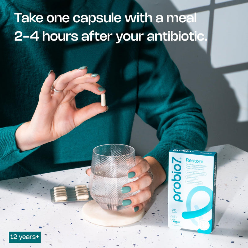 Probio7 Restore - 4 Week Gut Support for Antibiotic Recovery | 9 Live Strains | Probiotics for Antibiotics, Digestive Balance & Immune Support | Gut Repair for Men & Women | 30 Vegan Capsules 30 Capsules (4 Week Course)