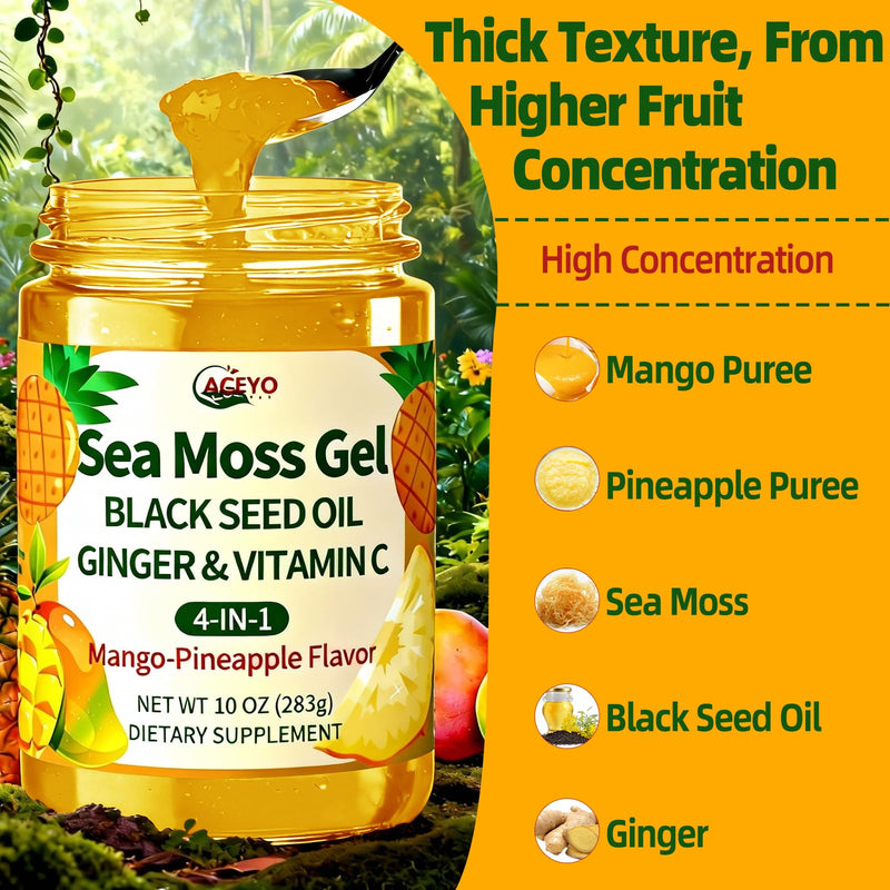 ACEYO Sea Moss Gel 4-in-1, Irish SeaMoss with Black Seed Oil & Ginger | Rich in Minerals & Vitamins,Immunity & Health Support,Superfood,Non-GMO, Vegan,Mango Pineapple Flavor,10 oz (Pack of 1) MangoPineapple 10 Ounce (Pack of 1)
