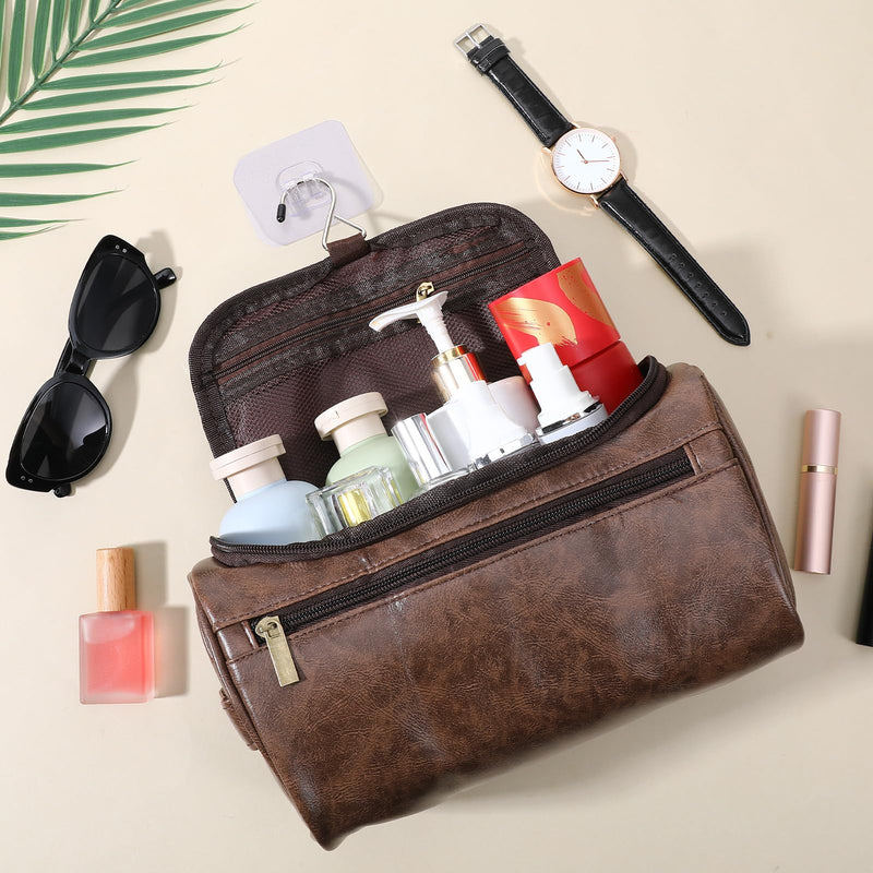 6-Piece Leather Toiletry Bag Set for Men, Waterproof Travel Groomsmen Gift with Multiple Compartments - Ideal for Shaving Kits, Cosmetics & Essentials (Dark Brown)