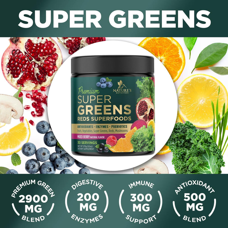 [Australia] - Super Greens Powder Smoothie Mix - Green Whole Food Blend Supports Energy & Gut Health with Spirulina, Chlorella, Mushrooms, Vegetables, Digestive Enzymes & Probiotics - Vegan Superfood - 30 Servings 